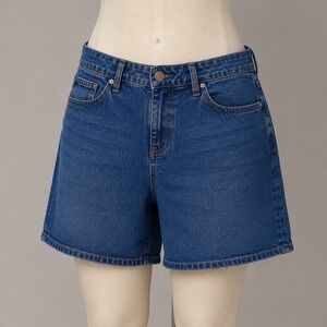 Seven7 Womens Dark Wash Stretch Denim Jean Shorts Size 14 Blue Mid Rise Momcore